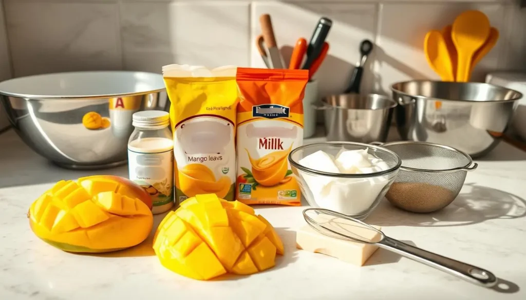 Mango pudding ingredients and kitchen tools